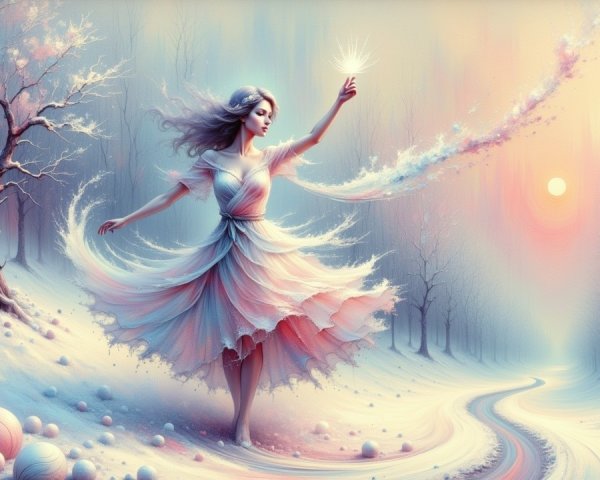 Winter Landscape with Woman in Pastel Dress