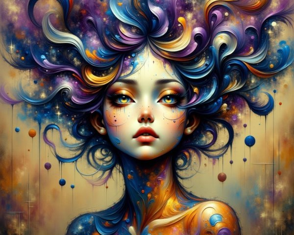Young Woman with Colorful Hair in Cosmic Setting