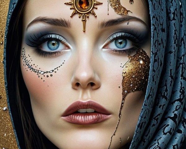 Close-up of a woman with blue eyes and artistic makeup