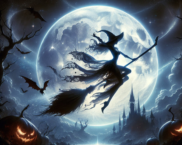 Witch Flying on Broomstick Against Full Moon Scene