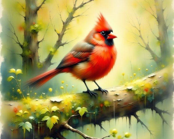 Cardinal on Mossy Branch in Spring Forest Setting