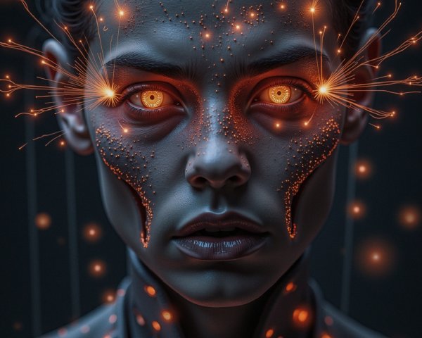 Futuristic figure with glowing orange eyes and patterns