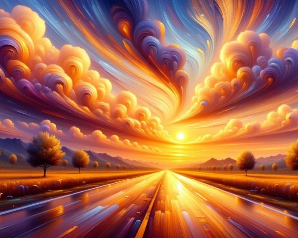 Vibrant Sunset Over Reflective Road and Lush Landscape