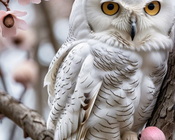 White Owl on Tree Branch with Pink Blossoms