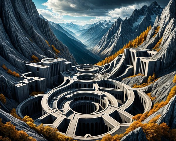 Surreal Architecture in Mountainous Landscape with Trees