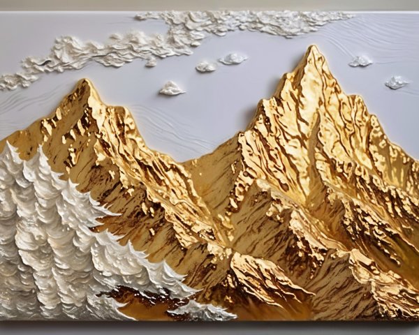 Three-Dimensional Artwork of Gold-Toned Mountains