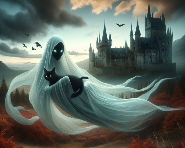 Spectral Figure Over Mystical Landscape with Castle