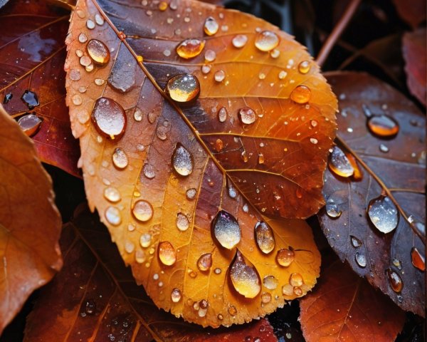 Close-up of Vibrant Autumn Leaves with Water Droplets