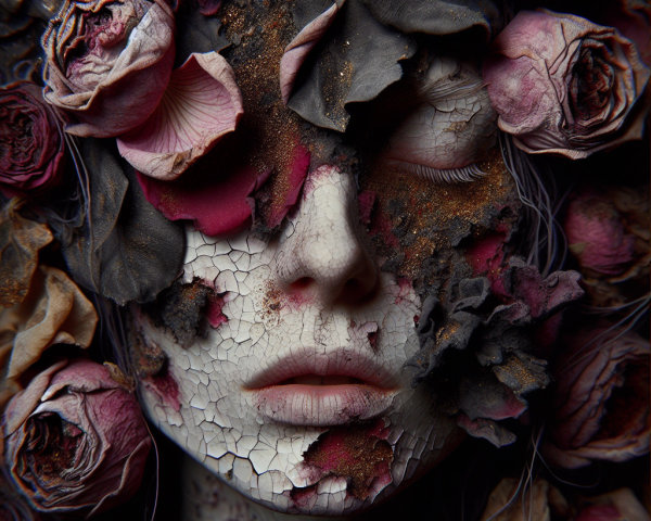 Stylized Face with Dried Roses and Cracked Skin