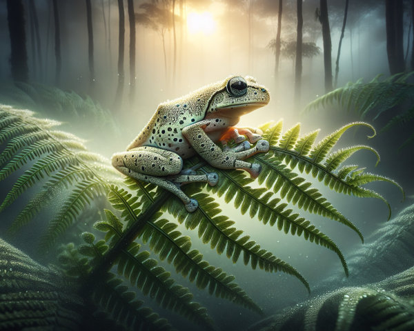 Serene Frog on Fern in Misty Forest Setting