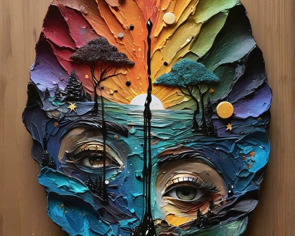 Abstract Leaf-Shaped Artwork with Textured Landscape