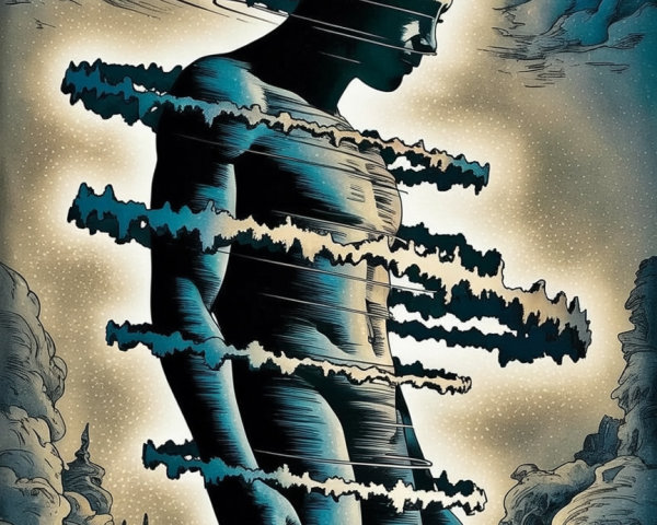 Humanoid Silhouette in Ethereal Cloud Background