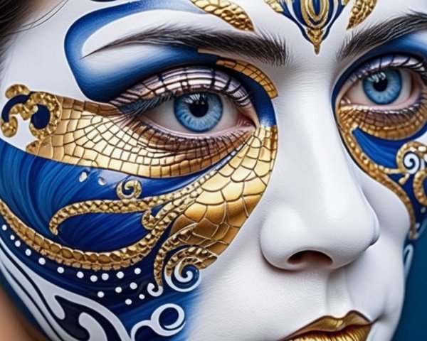 Close-up of a painted face with blue and gold designs