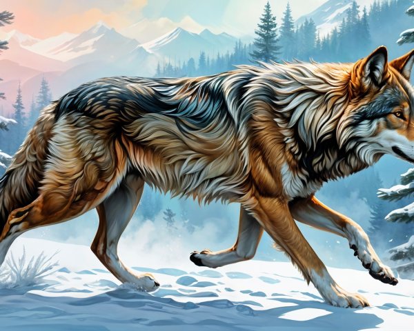 Wolf in Snowy Landscape with Pine Trees and Mountains