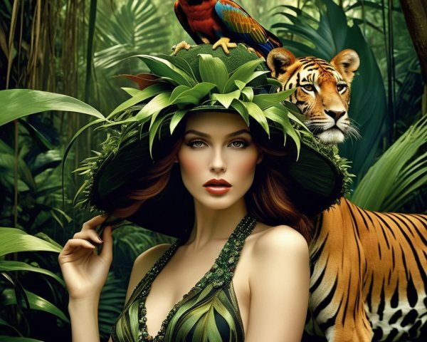 Elegant Woman in Jungle with Parrot and Tiger