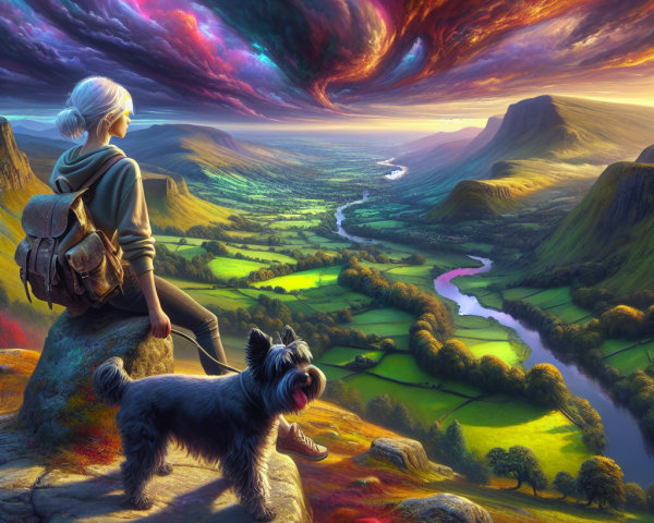 Serene Landscape with Girl and Dog Overlooking Valley