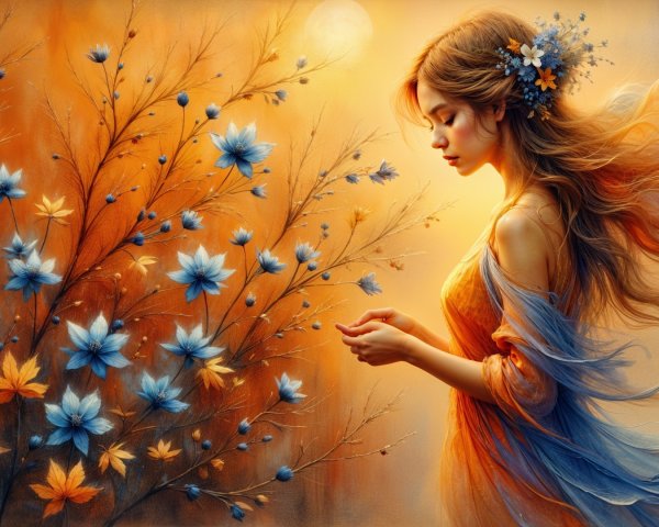 Serene Young Woman in Floral Dress Against Golden Background