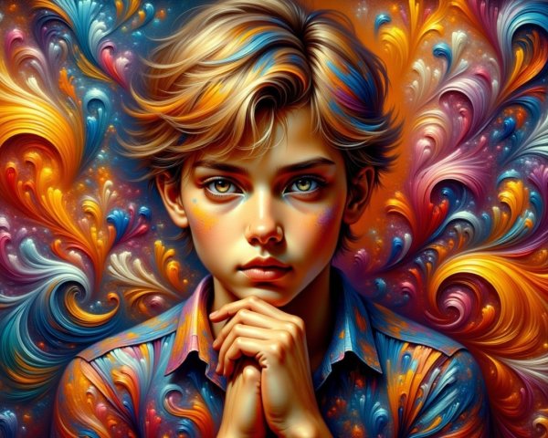 Thoughtful Young Person Against Colorful Abstract Background