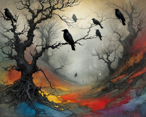 Misty Landscape with Twisted Trees and Ravens