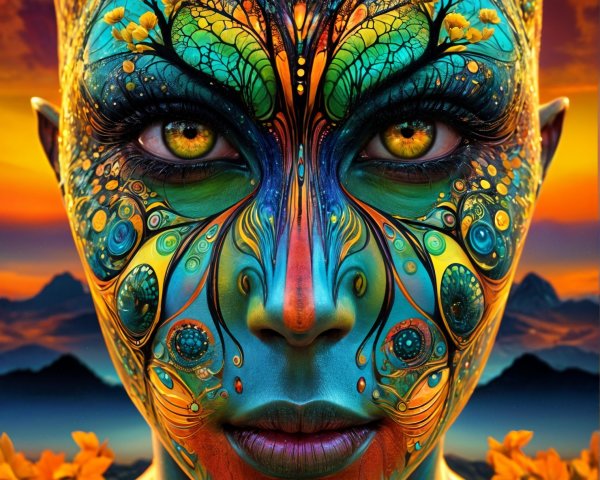 Portrait with Nature-Inspired Face Paint and Sunset