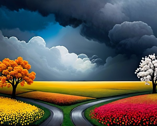 Vivid Landscape with Colorful Trees and Dramatic Clouds