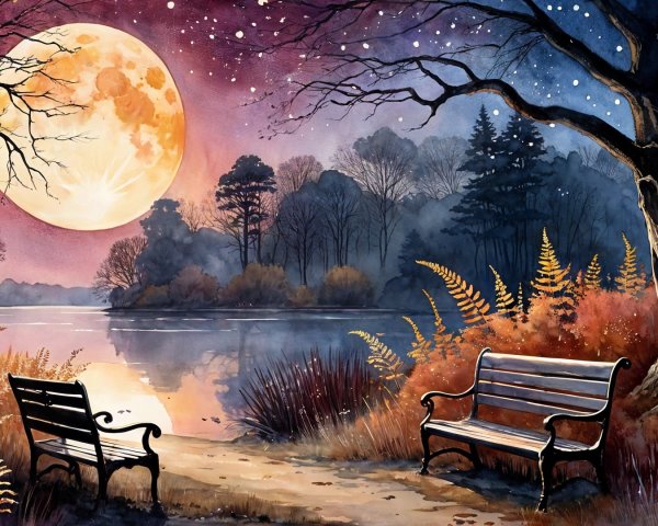 Twilight Scene of a Tranquil Lake and Benches