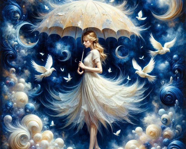 Serene figure under ornate umbrella with doves and clouds