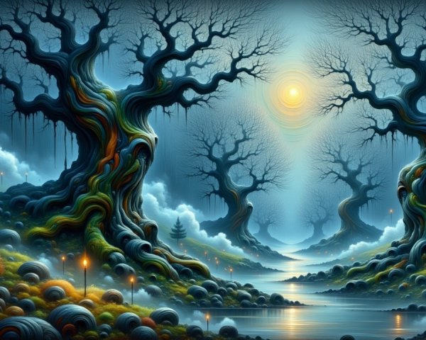 Mystical Landscape with Vibrant Trees and River
