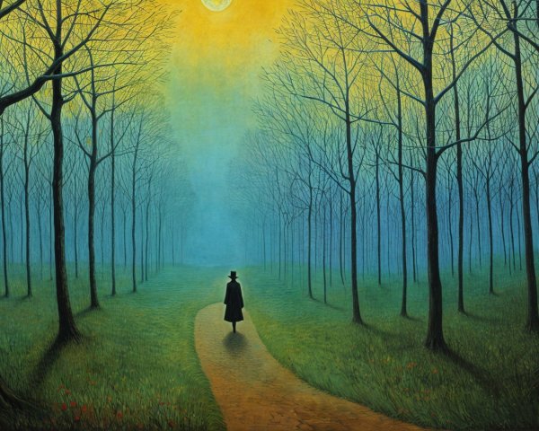 Solitary Figure on Winding Path in Misty Forest