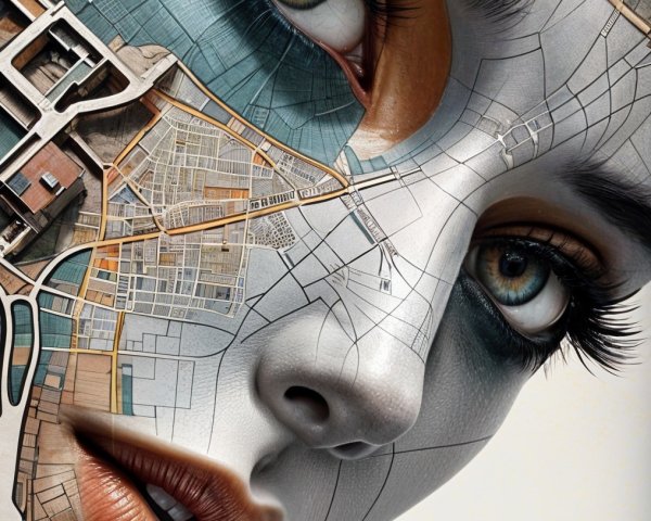 Surreal Portrait Blending Woman's Face with Urban Landscape