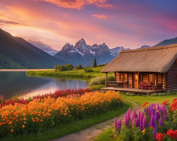 Wooden cabin by lake with vibrant flowers and mountains