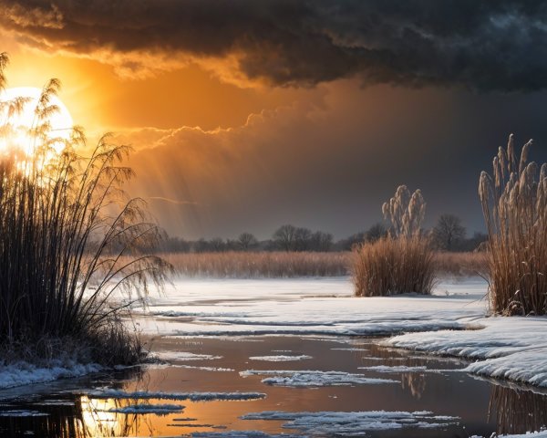 Serene Winter Landscape with River and Icicles