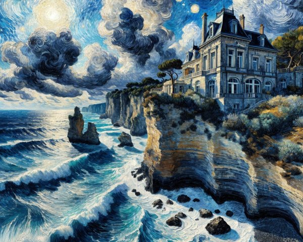 Coastal Scene with Mansion and Dramatic Sky
