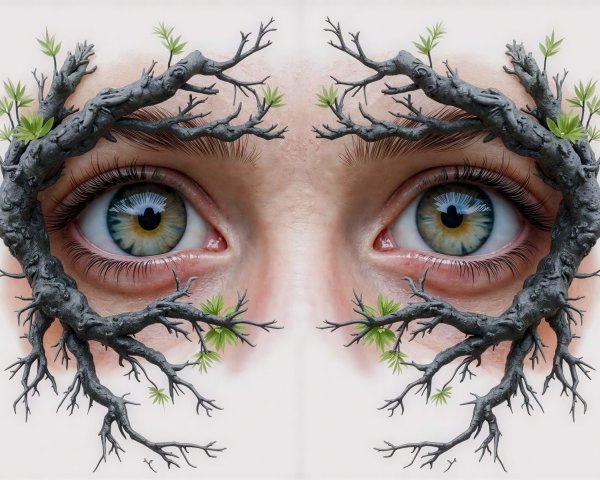 Close-up of Human Eyes Framed by Wooden Branches