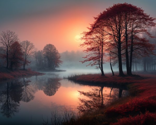 Serene Autumn Landscape with Vibrant Red Leaves