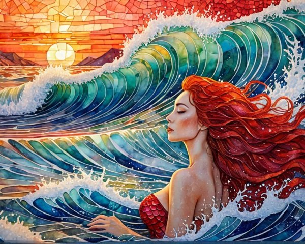 Vibrant Mosaic of a Serene Mermaid Amid Waves