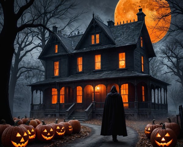Victorian House with Pumpkins Under Full Moon Light