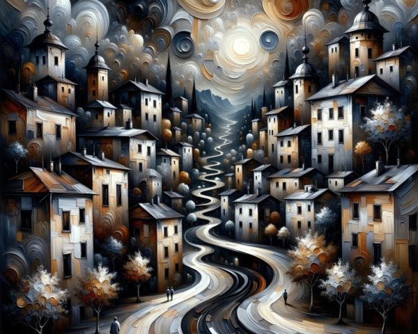 Surreal Landscape with Abstract Houses and Winding Roads