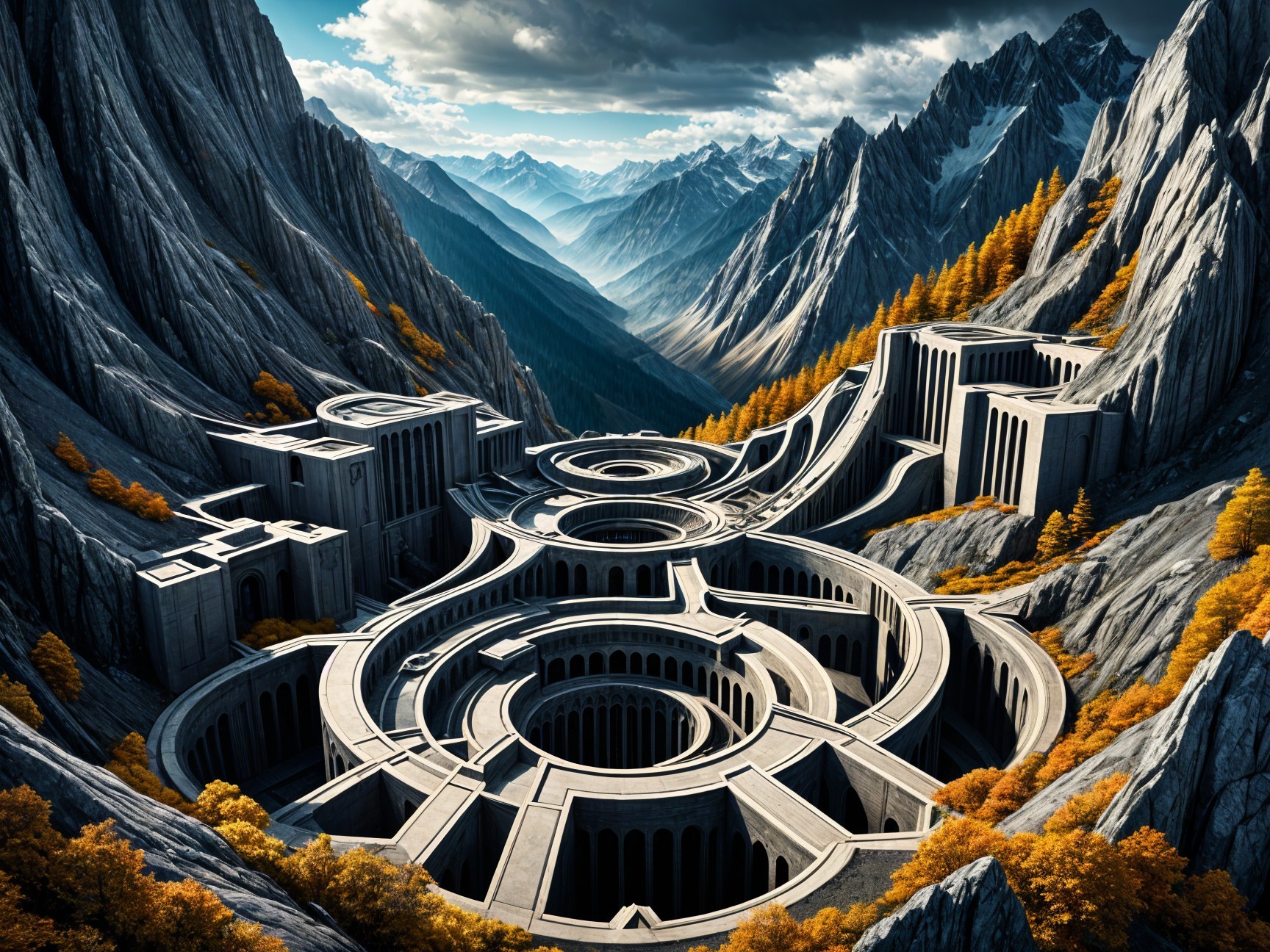 Surreal Architecture in Mountainous Landscape with Trees