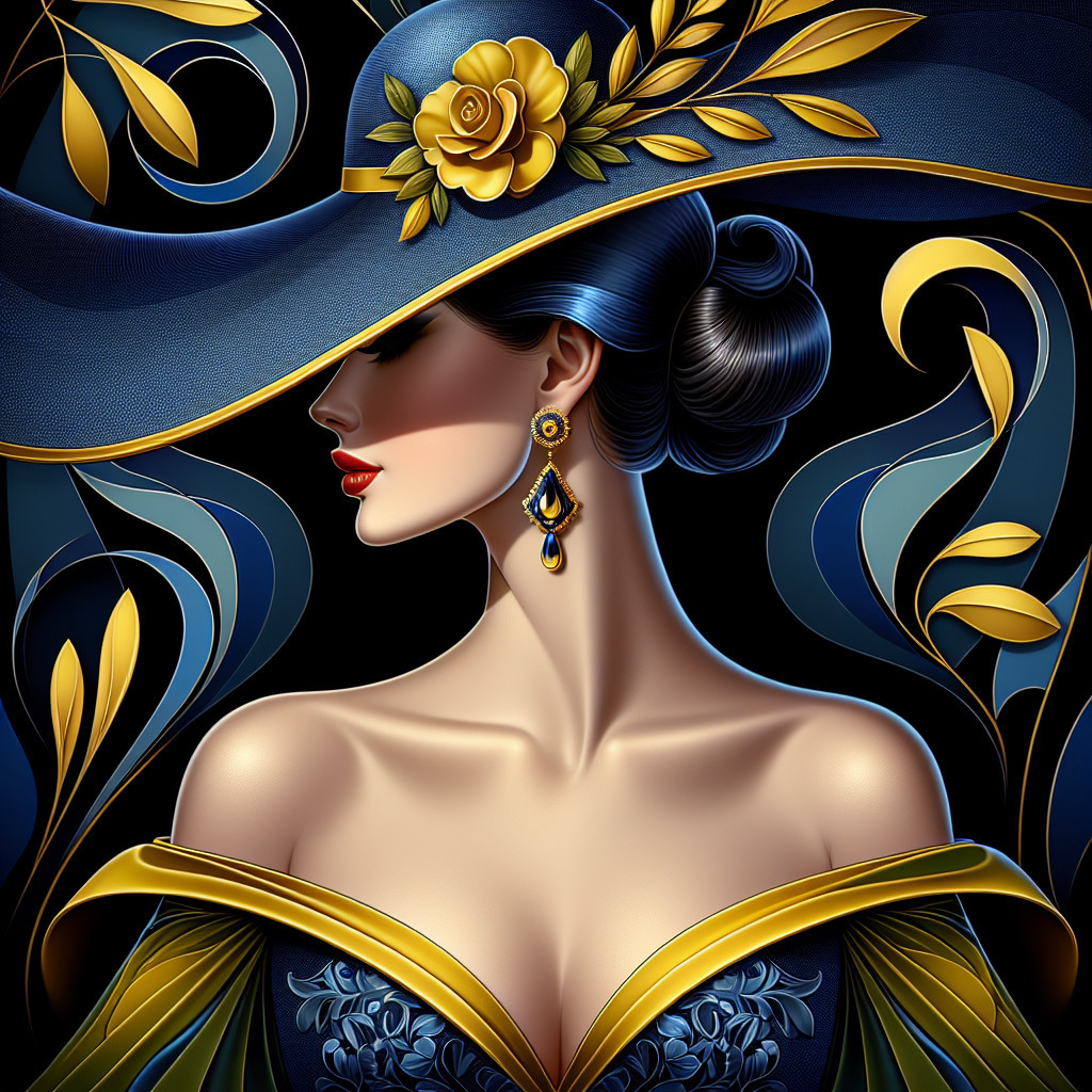 Elegant Woman in Blue Hat and Gown with Floral Patterns