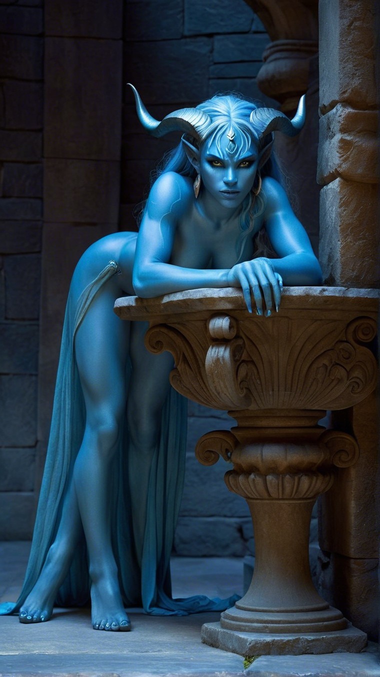 Fantasy figure with blue skin and elegant horns