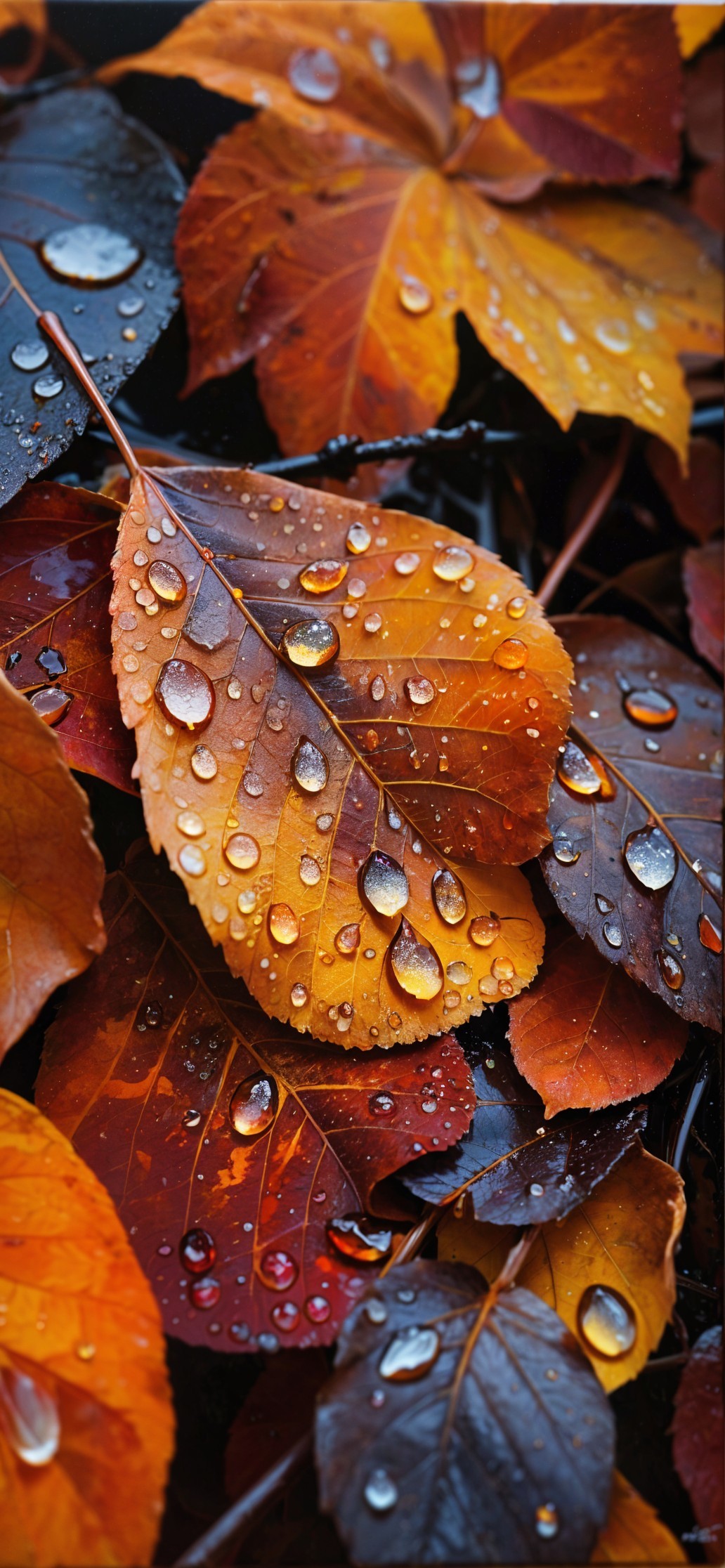 Close-up of Vibrant Autumn Leaves with Water Droplets