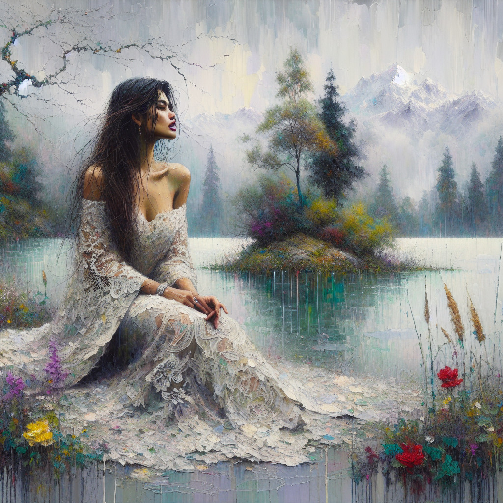 Woman in lace gown by tranquil lake and mountains