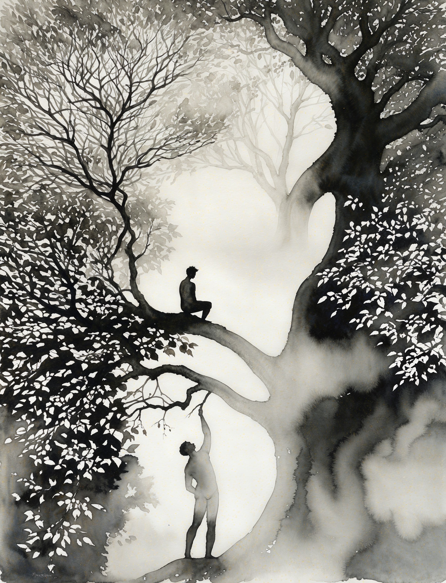 Surreal Artwork of Silhouetted Figures in Nature