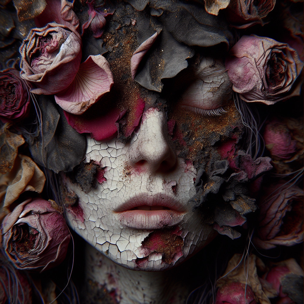 Stylized Face with Dried Roses and Cracked Skin