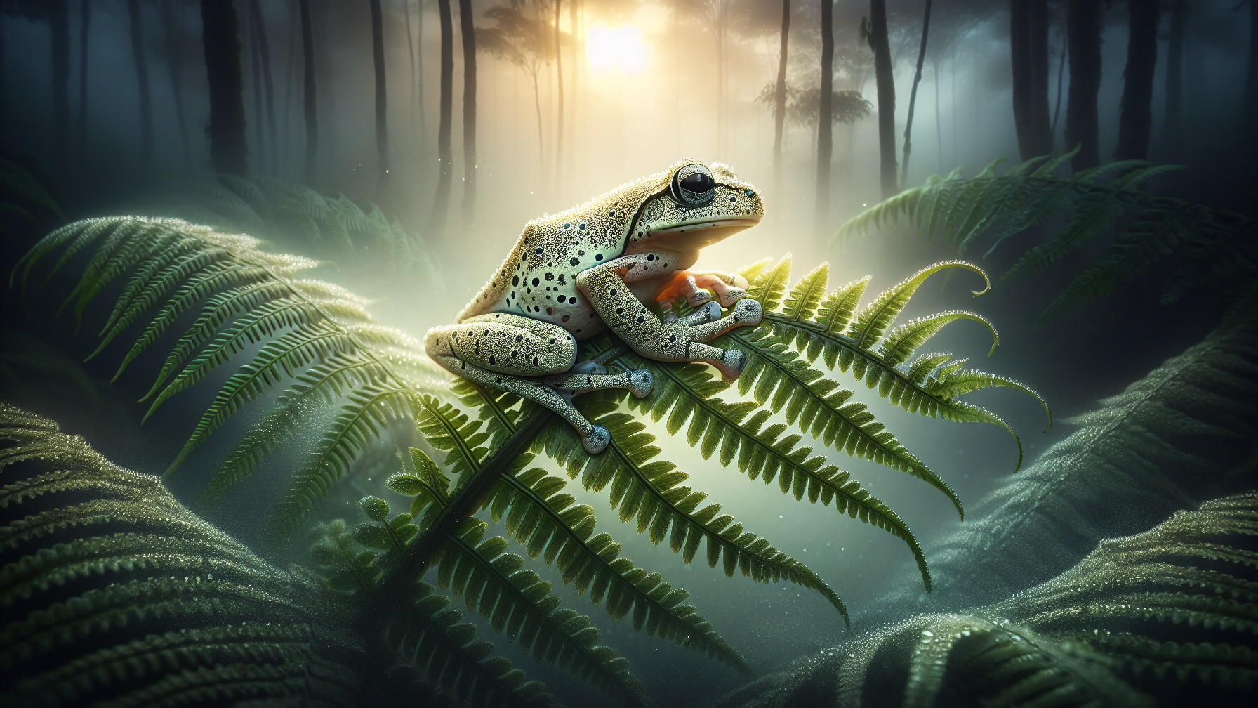 Serene Frog on Fern in Misty Forest Setting