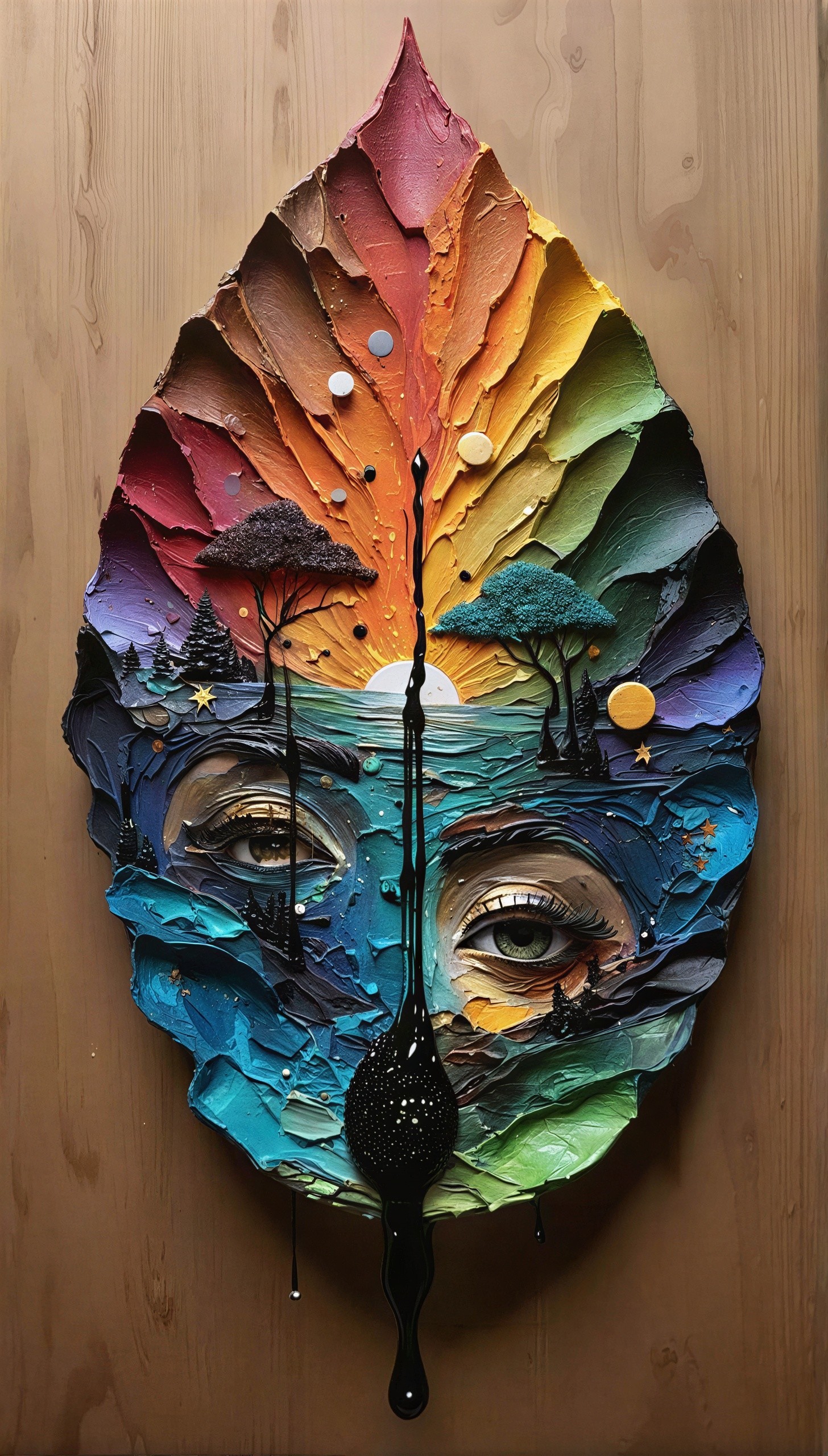 Abstract Leaf-Shaped Artwork with Textured Landscape