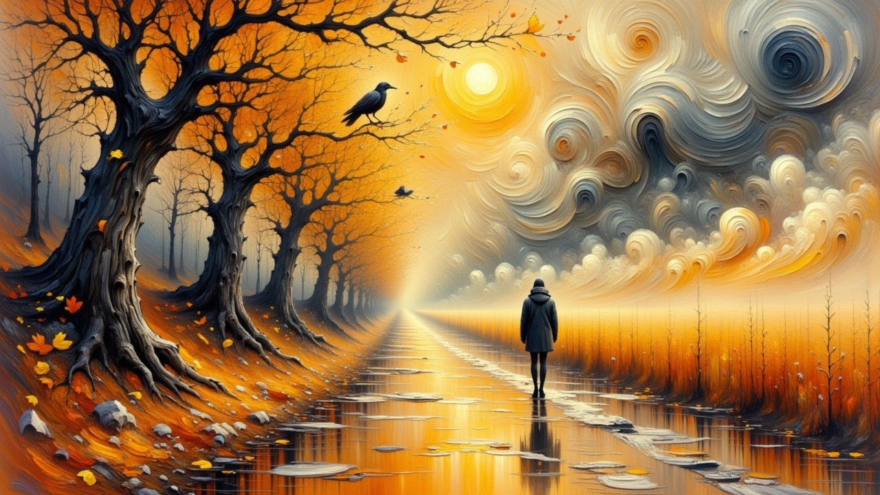 Solitary Figure on Reflective Pathway in Autumn Setting