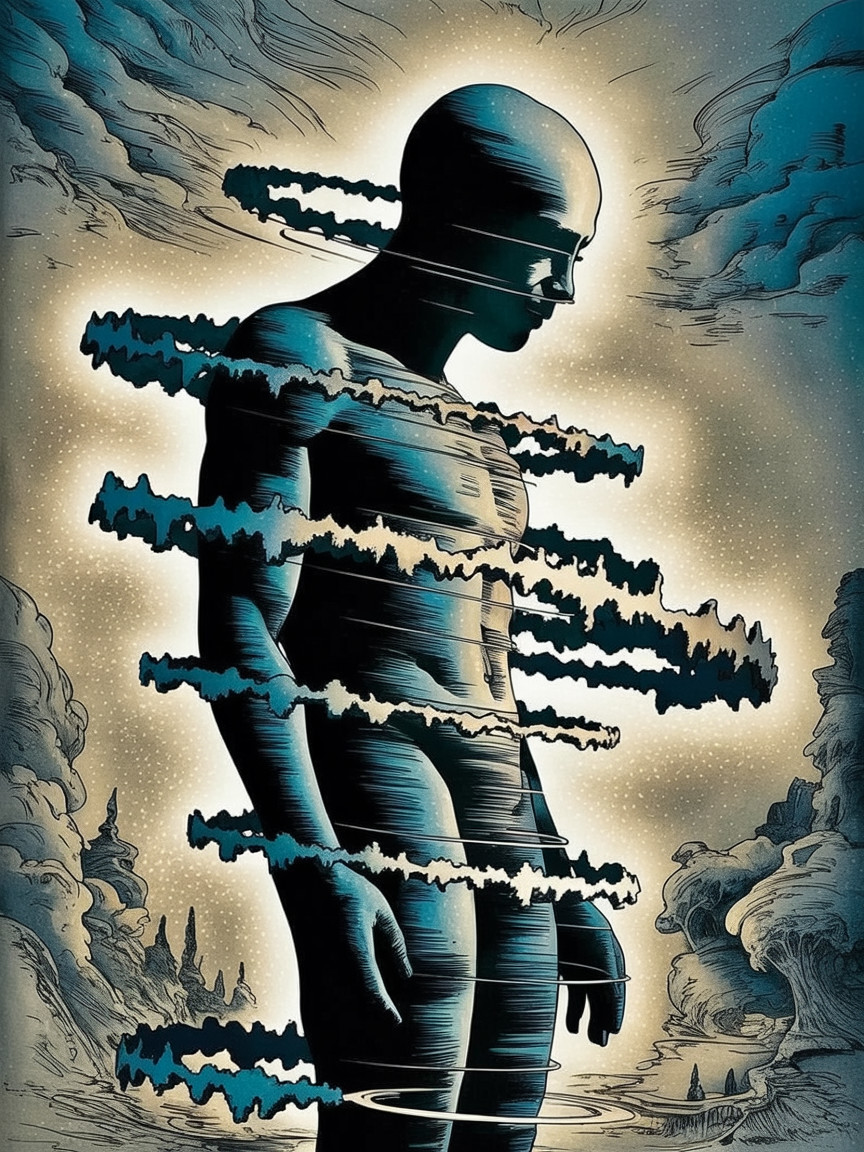 Humanoid Silhouette in Ethereal Cloud Background