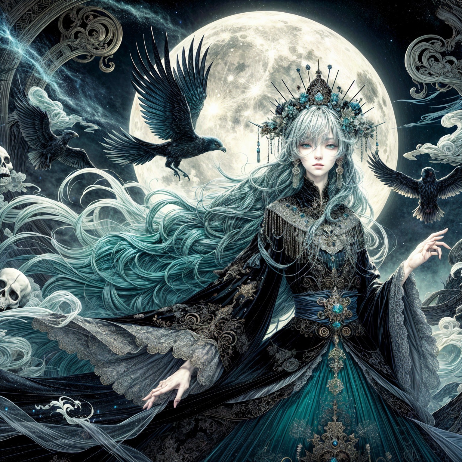 Mystical figure in ornate gown under full moon